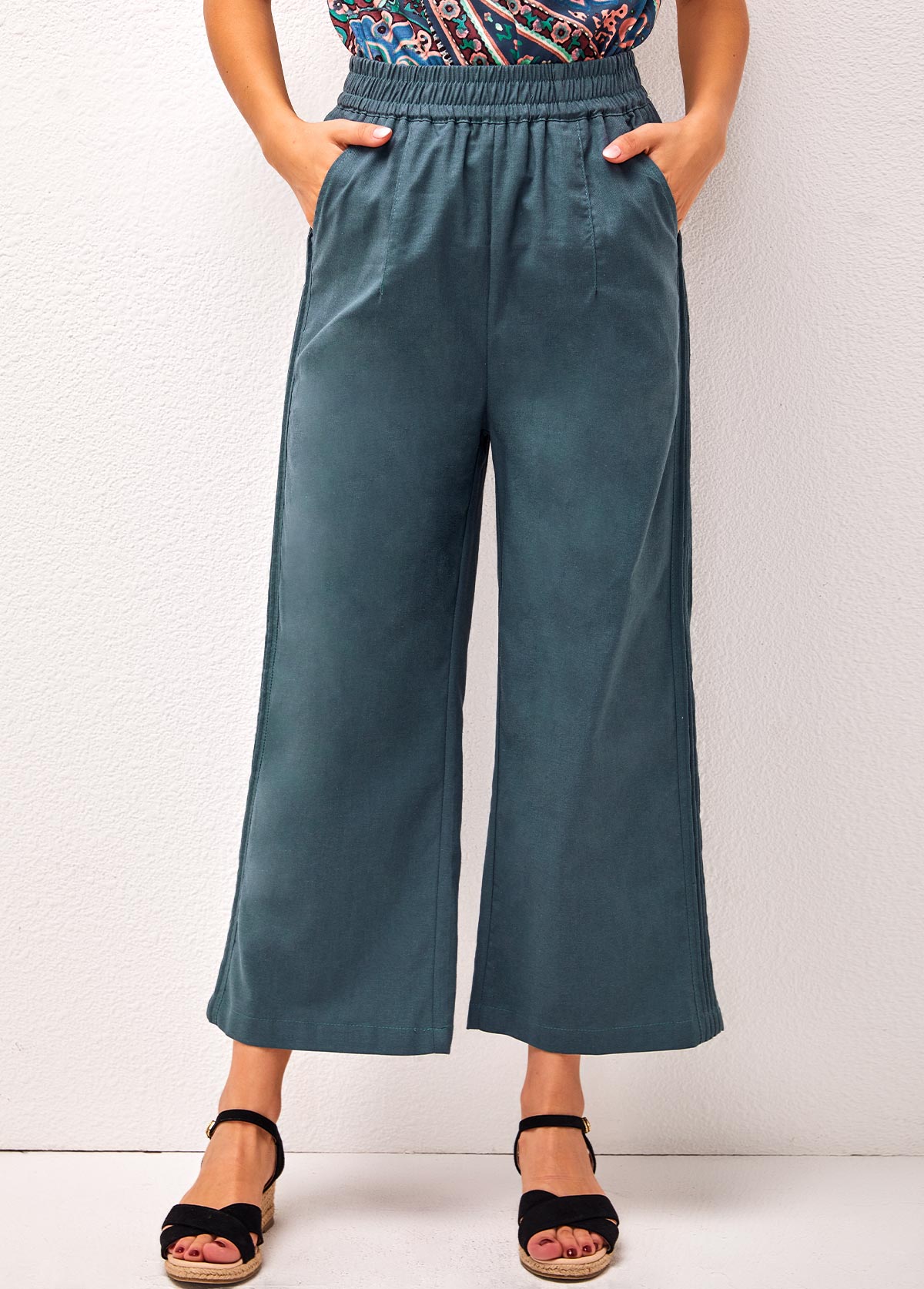 Peacock Blue Pockets High Waisted Pants