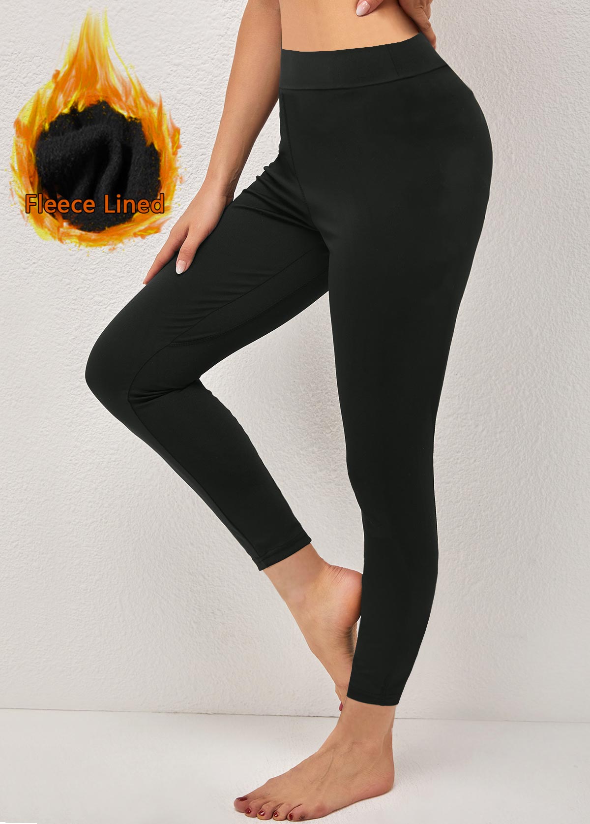 Black Elastic Waist High Waisted Fleece Lined Leggings