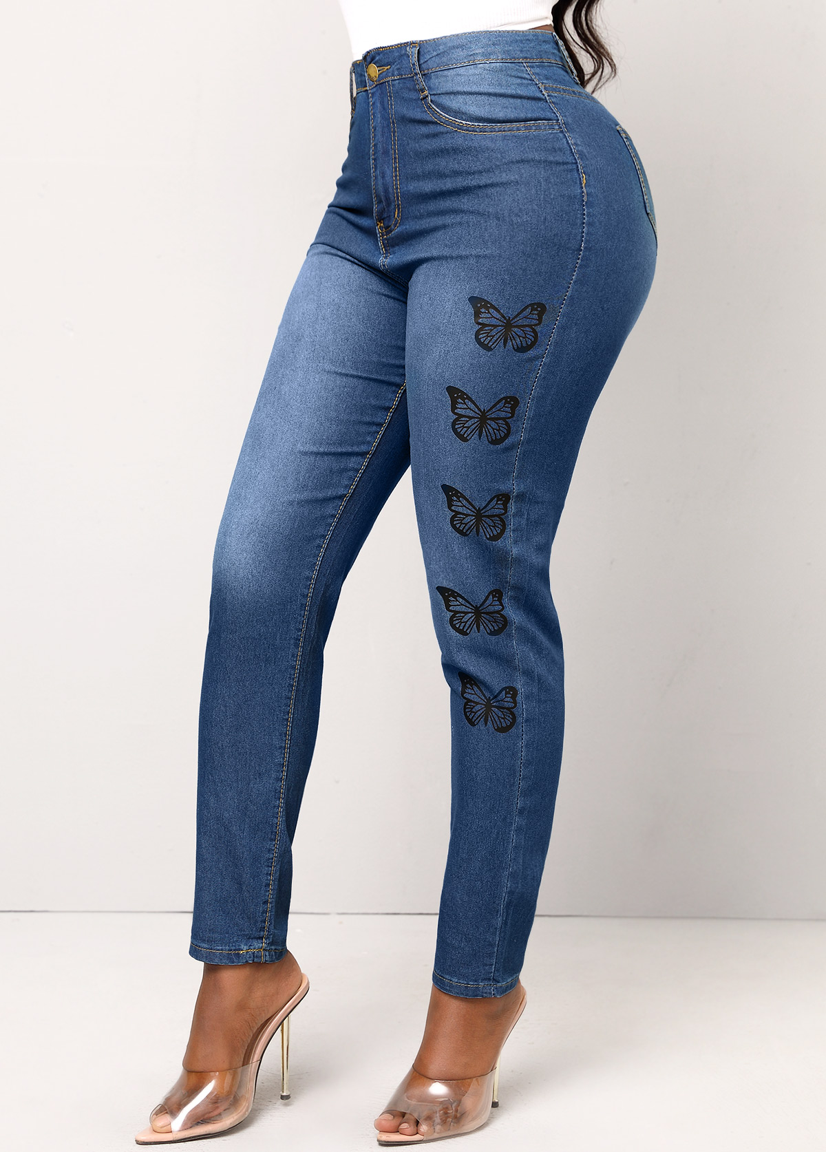 Butterfly Print Double Side Pockets Denim Blue Jeans