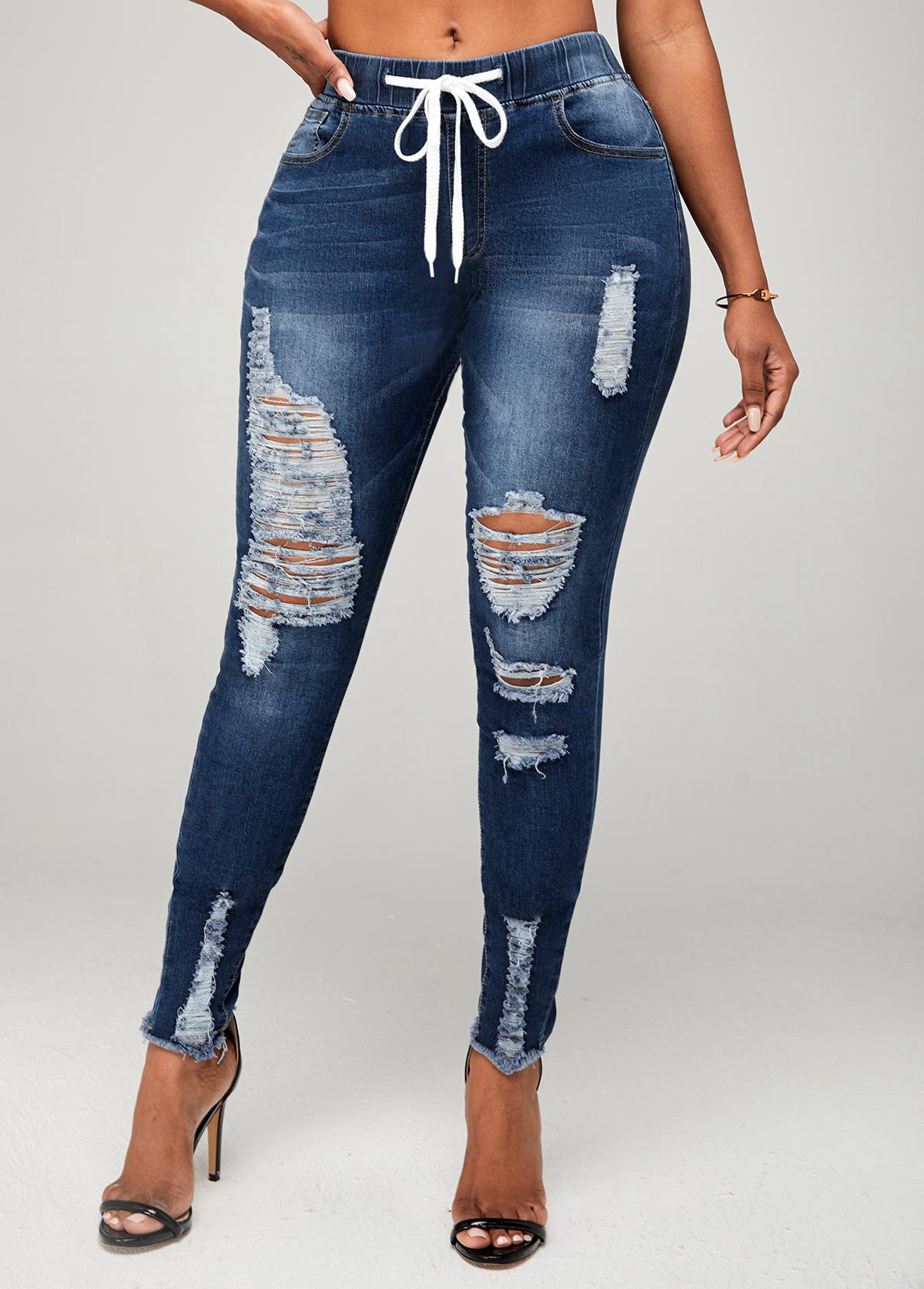 Drawstring Detail Shredded Skinny Mid Waist Jeans